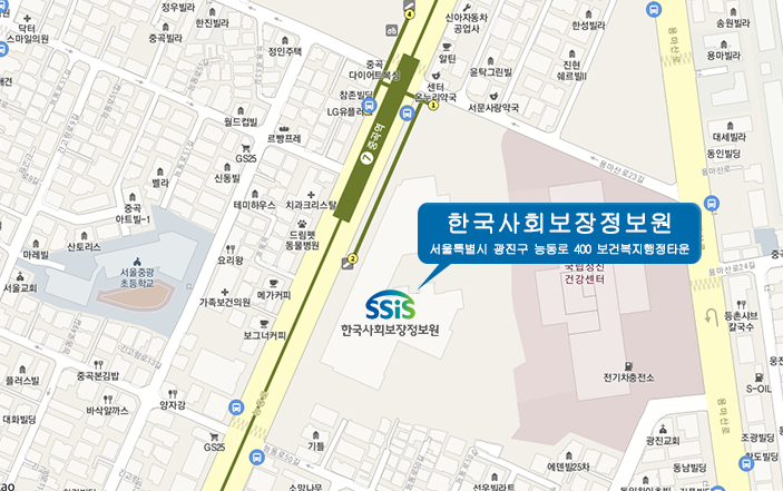 한국사회보장정보원은 중곡역2번출구 앞에 위치합니다.